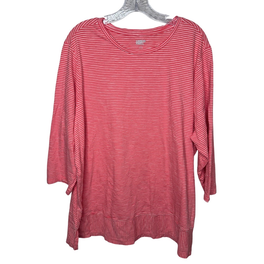 Lands End Womens‎ Plus Size Striped Long Sleeve Top Coral White 20W/22W Cotton